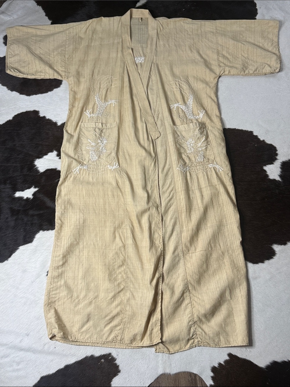 Vintage Raw Chinese Silk Embroidered Beige Kimono Robe